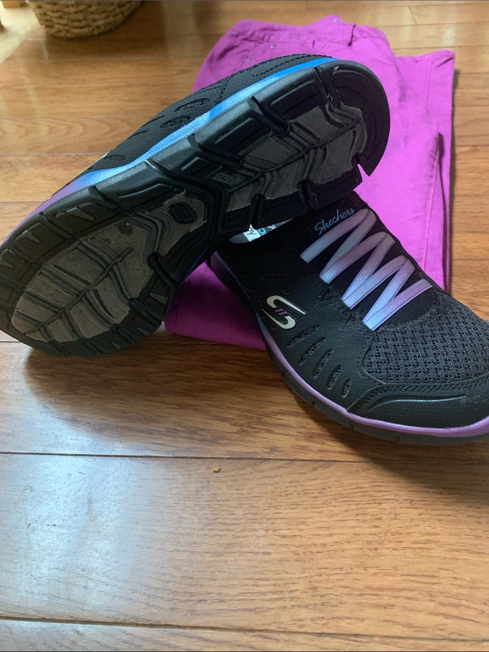 Skechers Black Athletic Slip-On Sneakers with Purple Ombre Laces - Picture 3 of 4